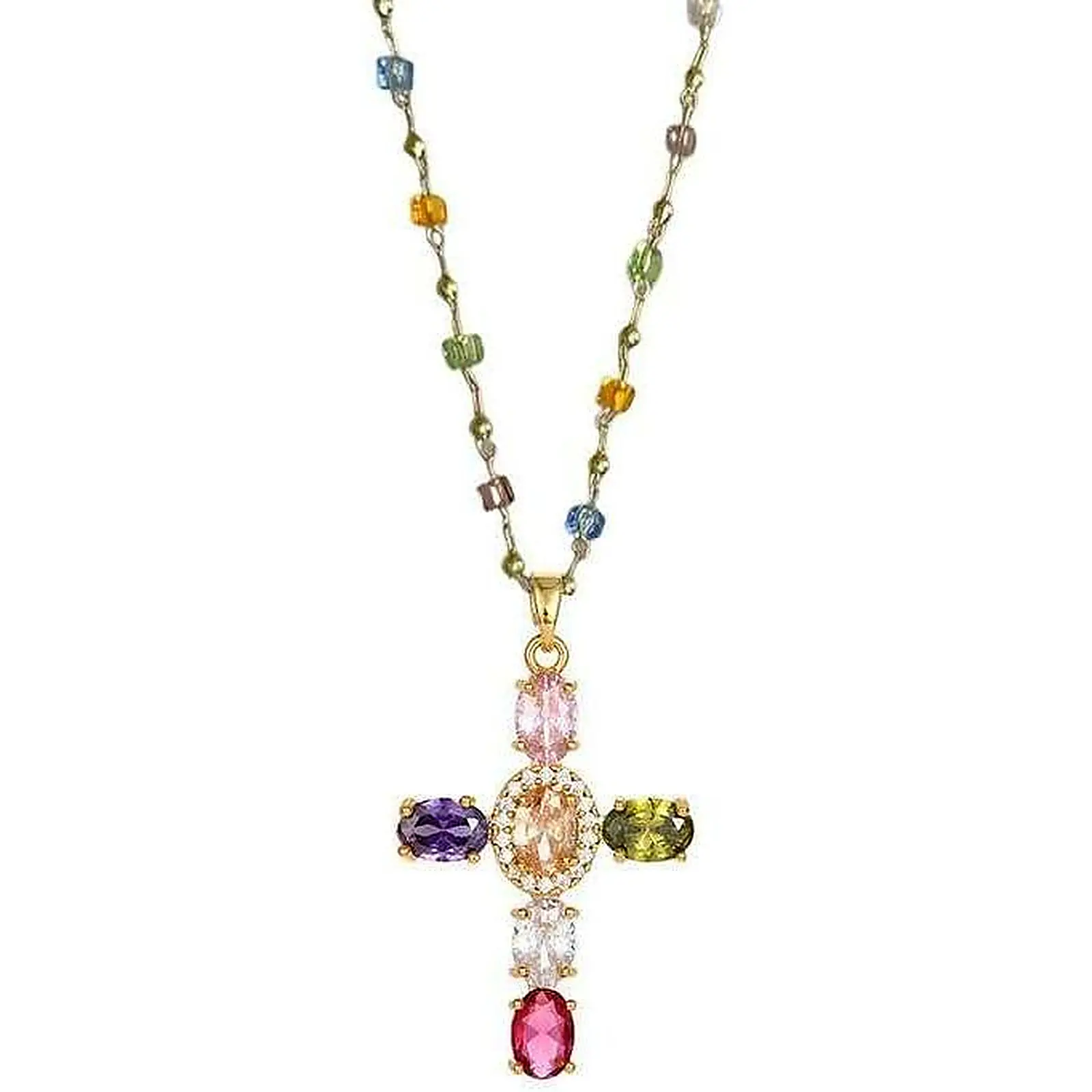 Women's 1-Piece Large Rainbow Rhinestone Cross Necklace - 16.54" Long Beaded Gold-Tone Chain, Faith-Inspired Christian Cross Graphic, Ideal for Church Party