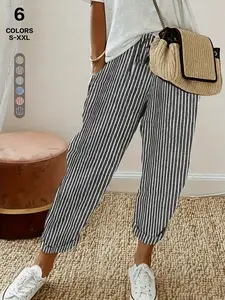 Women Spring Summer 2026 New Arrival Vertical Striped Linen Blend Cropped Pants, High Waist Drawstring Cuffed Casual Capri Trousers with Pocket, Summer Loose Fit Beach Everyday Jogger Pants