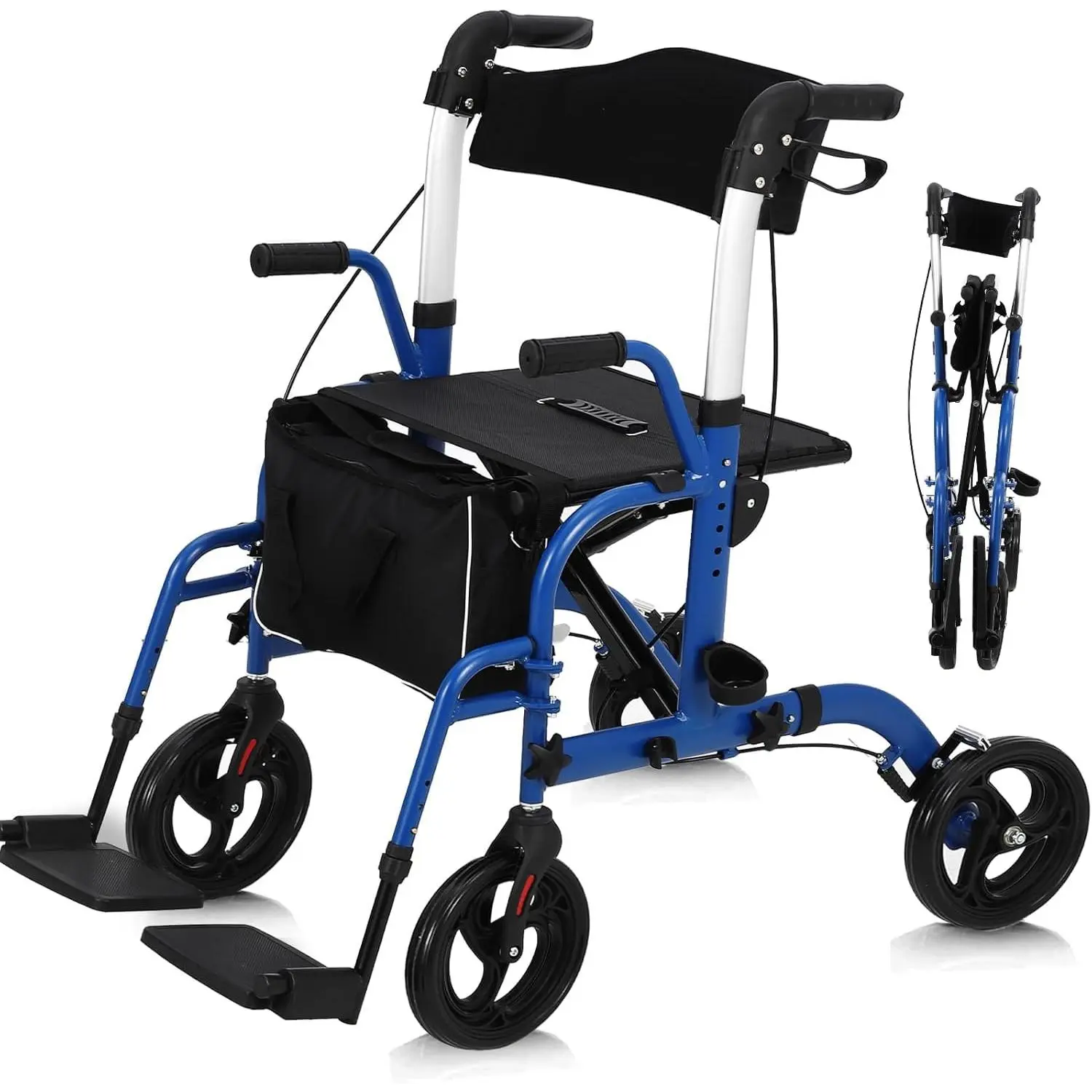 2‑in‑1 All‑Terrain Rollator Walker & Transport Chair, Folding Wheelchair for Seniors with 10" Non‑Pneumatic Wheels, Reversible Backrest and Detachable Footrests