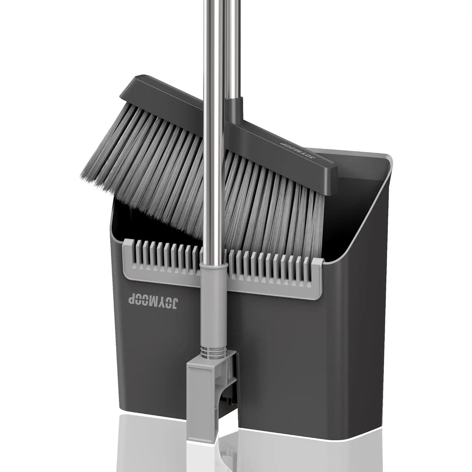 Black Broom and Dustpan Set, Upright Angle Design with Built-in Comb Teeth for Home, Office, Hardwood Floors, Pet Hair