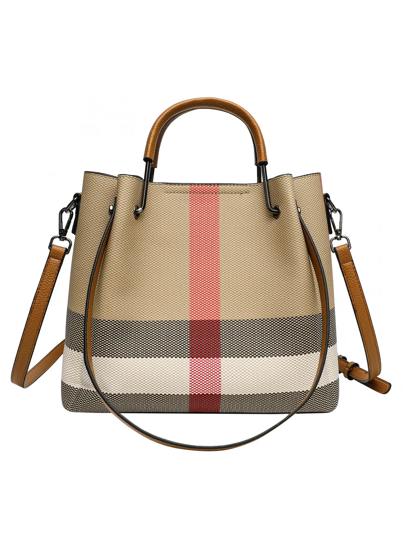 Women's new bucket bag made of genuine leather with a high-end feel, color-blocking, large-capacity tote bag, plaid pattern, hand-held shoulder bag for women