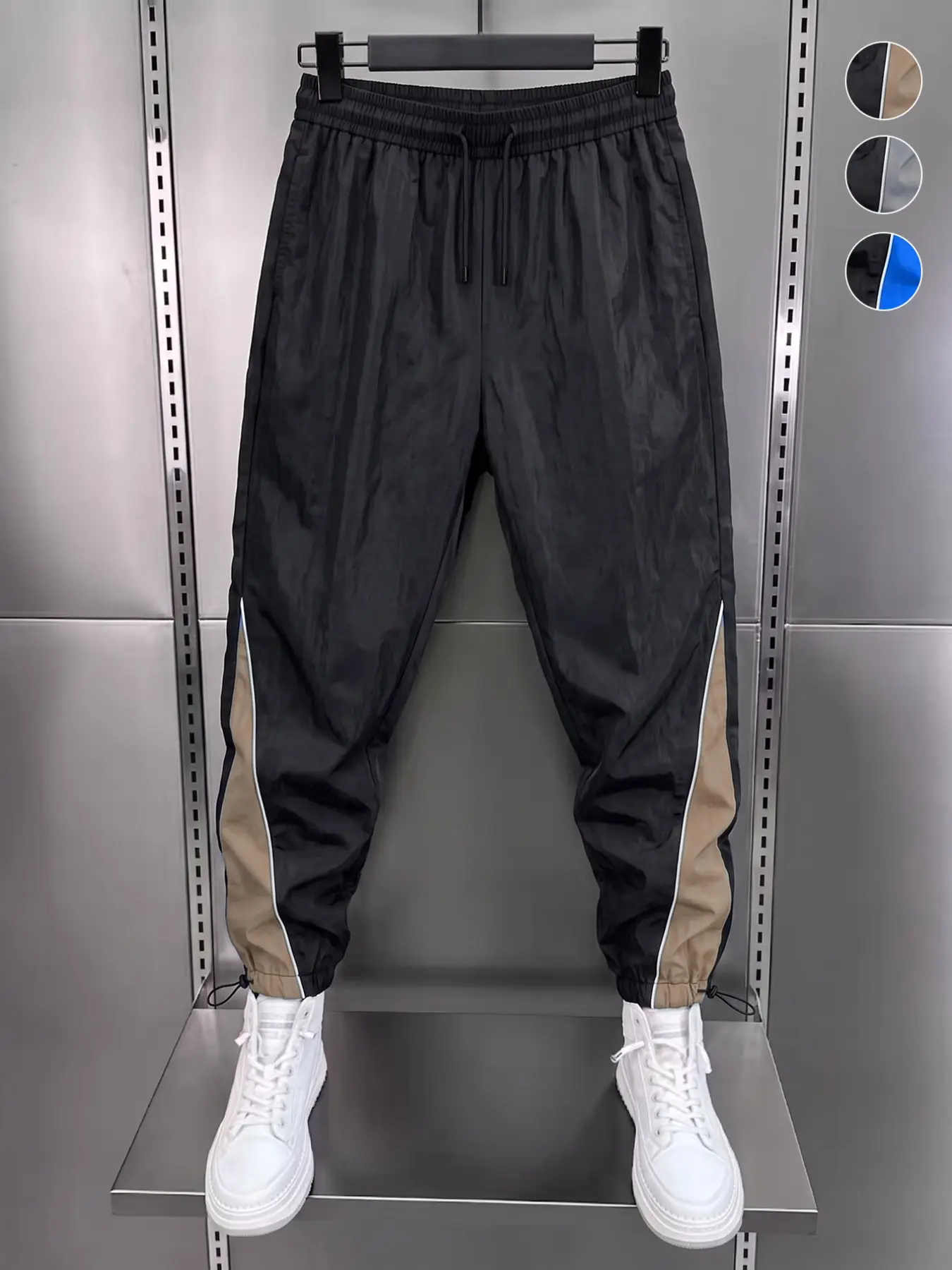 Men's Loose Fit Jogger Pants, Minimalist Lightweight Sport Style, 100% Nylon Soft Durable Fabric, Elastic Waist, Colorblock Design, Drawstring Hem