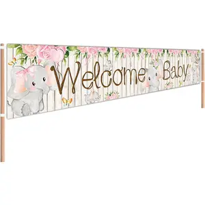 Elephant Welcome  Yard Sign Banner,   Girl Banner, Elephant Party Supplies Decorations Welcome Party Backdrop Background 9.8 x 1.6 ft
