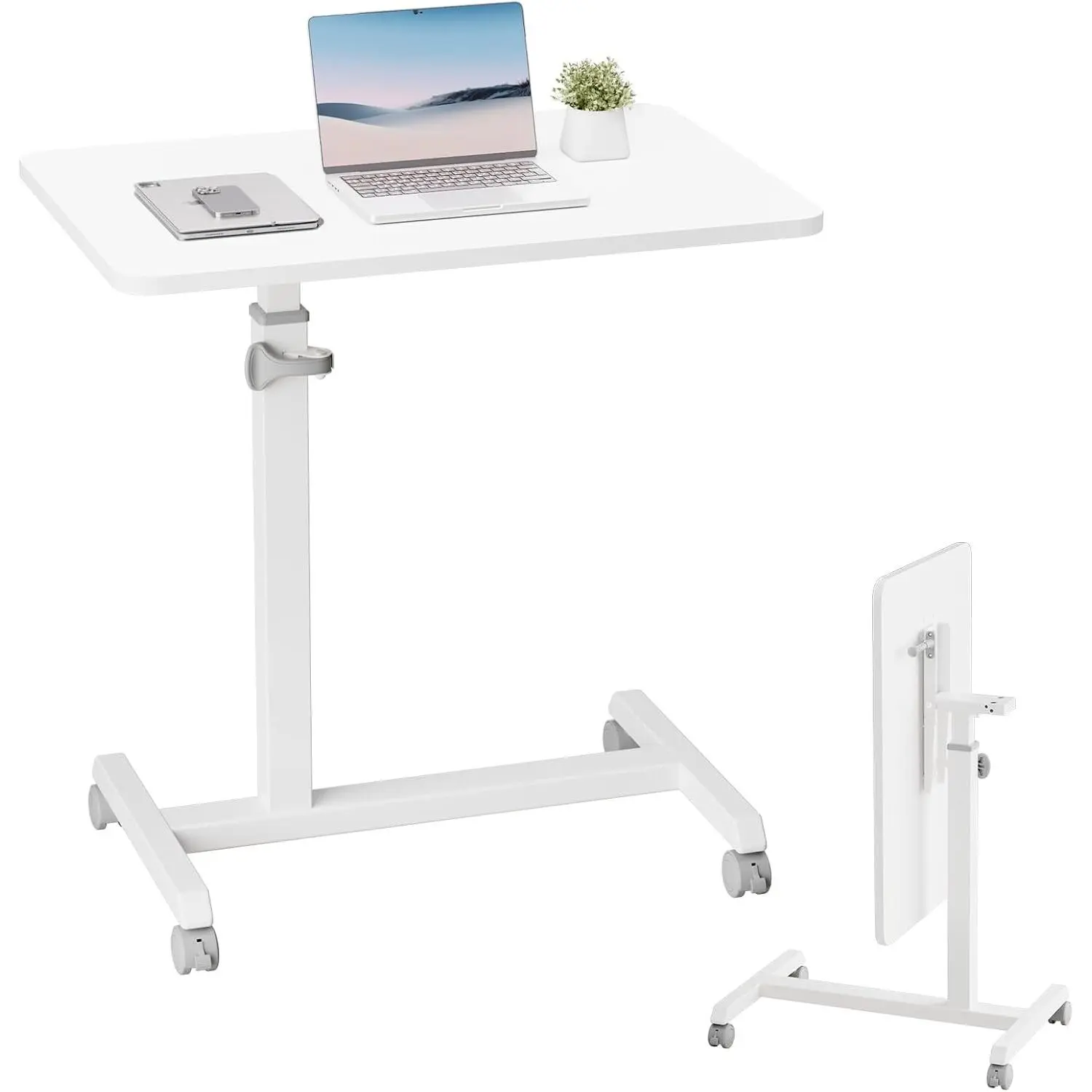 Small Standing Desk, 24 Inches Foldable Mobile Rolling Laptop PC Table with Lockable Casters, Adjustable Height Overbed Bedside Table Computer Workstation for Home Office, White-Foldable
