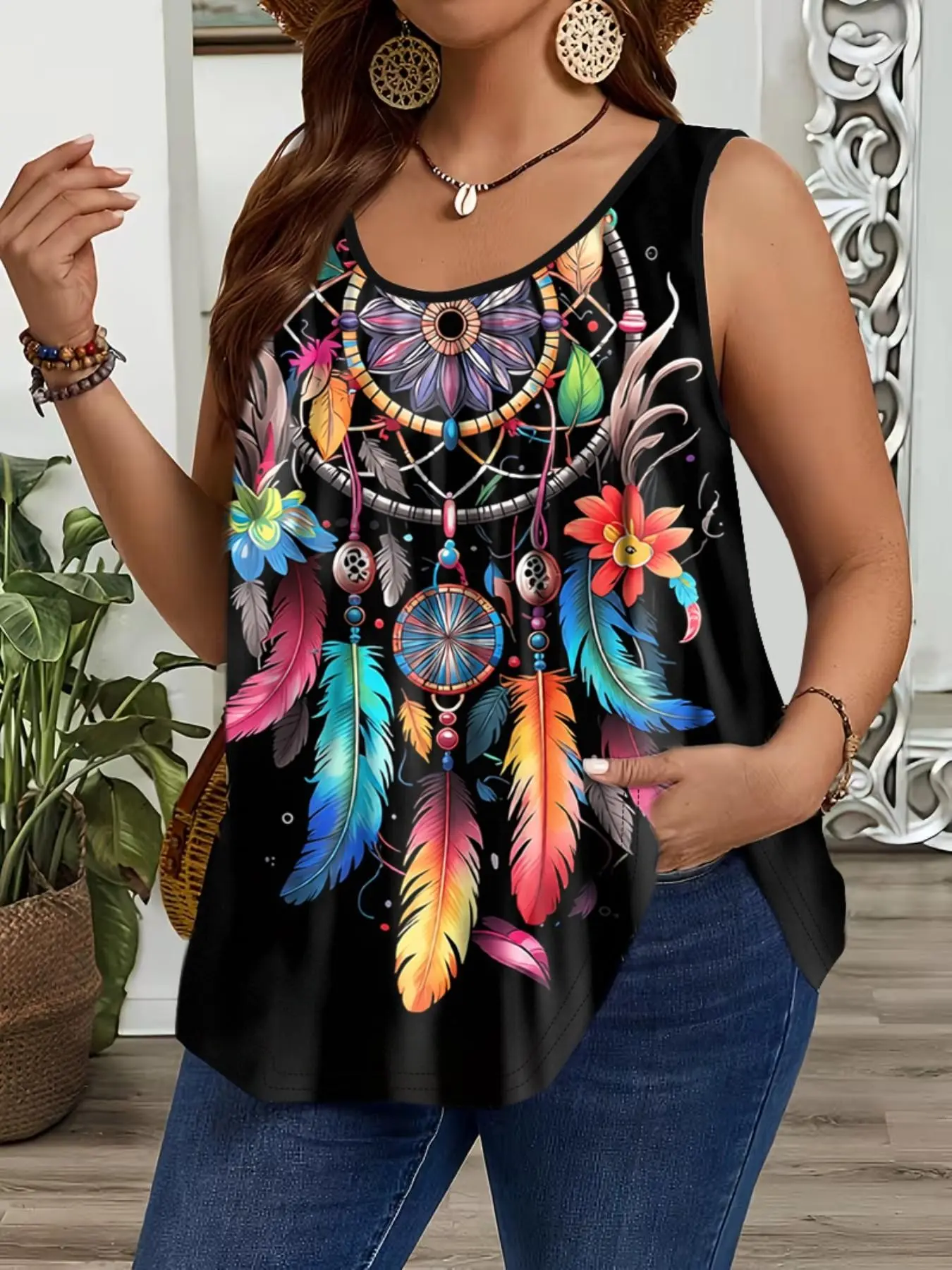 Plus Size Ethnic Style Colorful Feather Dreamcatcher Vest, Breathable Skin-Friendly Body-Contouring, Casual Sleeveless Top for Women