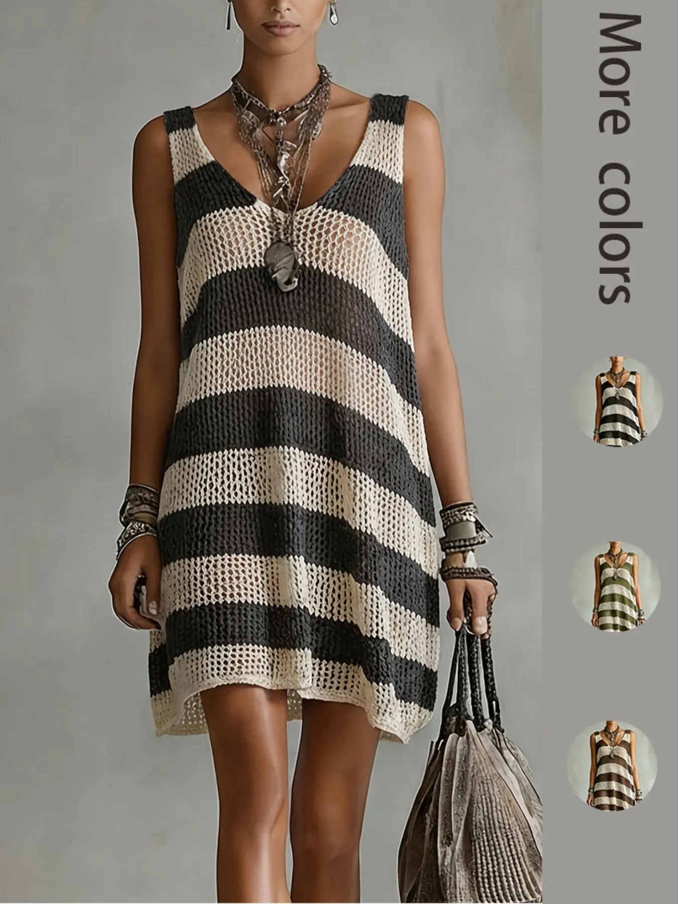 Boho Style Striped Sleeveless Cami Dress, Casual Beach Sundress, Breathable Knit Top, V-Neck Design, Perfect for Beach Vacations, Lightweight & Comfortable