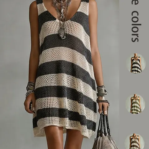 Boho Style Striped Sleeveless Cami Dress, Chic Boho Casual, Casual Boho Elegant Beach Sundress, Breathable Knit Top, V-Neck Design, Perfect for Beach Vacations, Lightweight & Comfortable