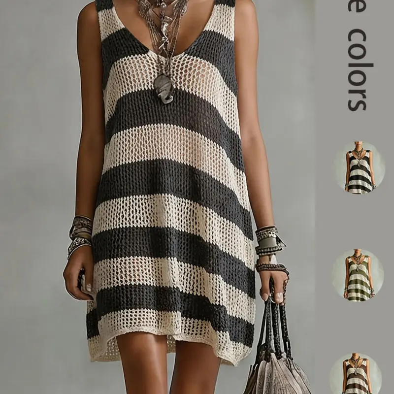 Boho Style Striped Sleeveless Cami Dress, Chic Boho Casual, Casual Boho Elegant Beach Sundress, Breathable Knit Top, V-Neck Design, Perfect for Beach Vacations, Lightweight & Comfortable