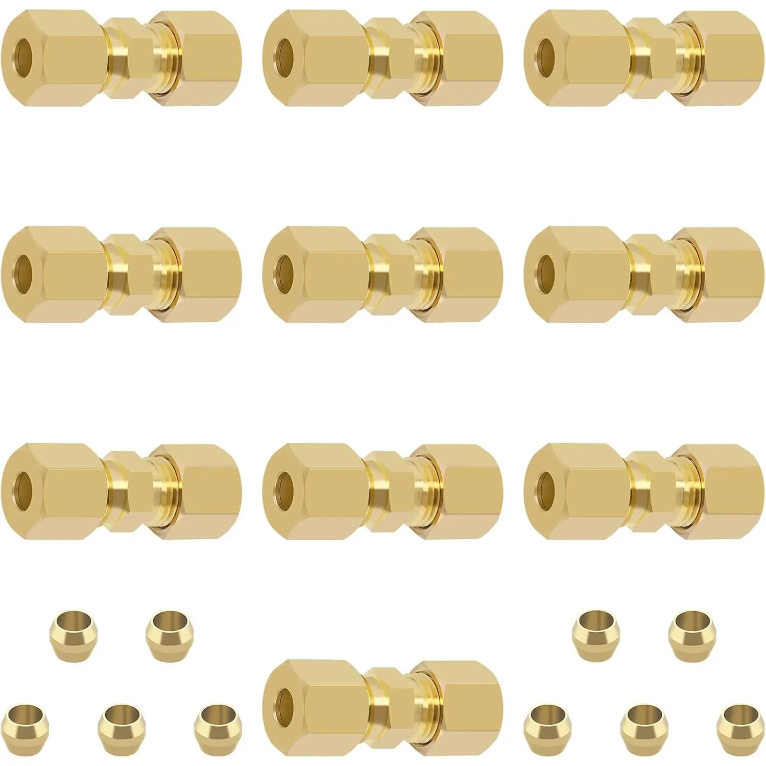 Brass Compression Tube Fitting, 10 count 3/16" OD x 3/16" OD Compression Union Connectors & 10 count Compression Sleeves Ferrules
