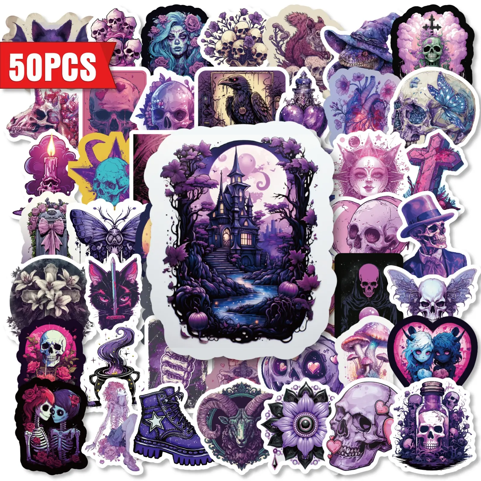 50pcs Spooky Halloween Gothic Stickers, Purple Skull Office Stickers, Sticker Decals, Suitable for Scrapbooks, Diaries, Laptops, Water Bottles, Cars, Etc. A Gift with A Positive Message and A Design Based on Faith.