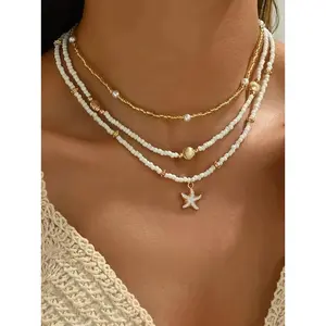 Women's Boho Starfish Shell Pearl Necklace - Casual Beach Beaded Layered Pendant Jewelry, All-Match Fashion Accessory, Ideal Birthday Gift