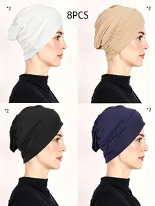 8pcs Ethnic Elastic Turban Hats, Plain Color Base Caps, Chemotherapy Hair Protection Headscarfs, Casual Fitted Beanie for All Seasons