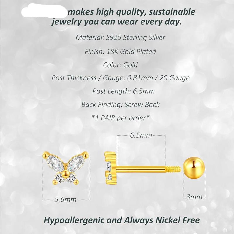 925 Sterling Silver 18K Gold CZ Butterfly Screw Back Stud Earrings for Women Cartilage Tragus Earlobe Conch Piercing Jewelry