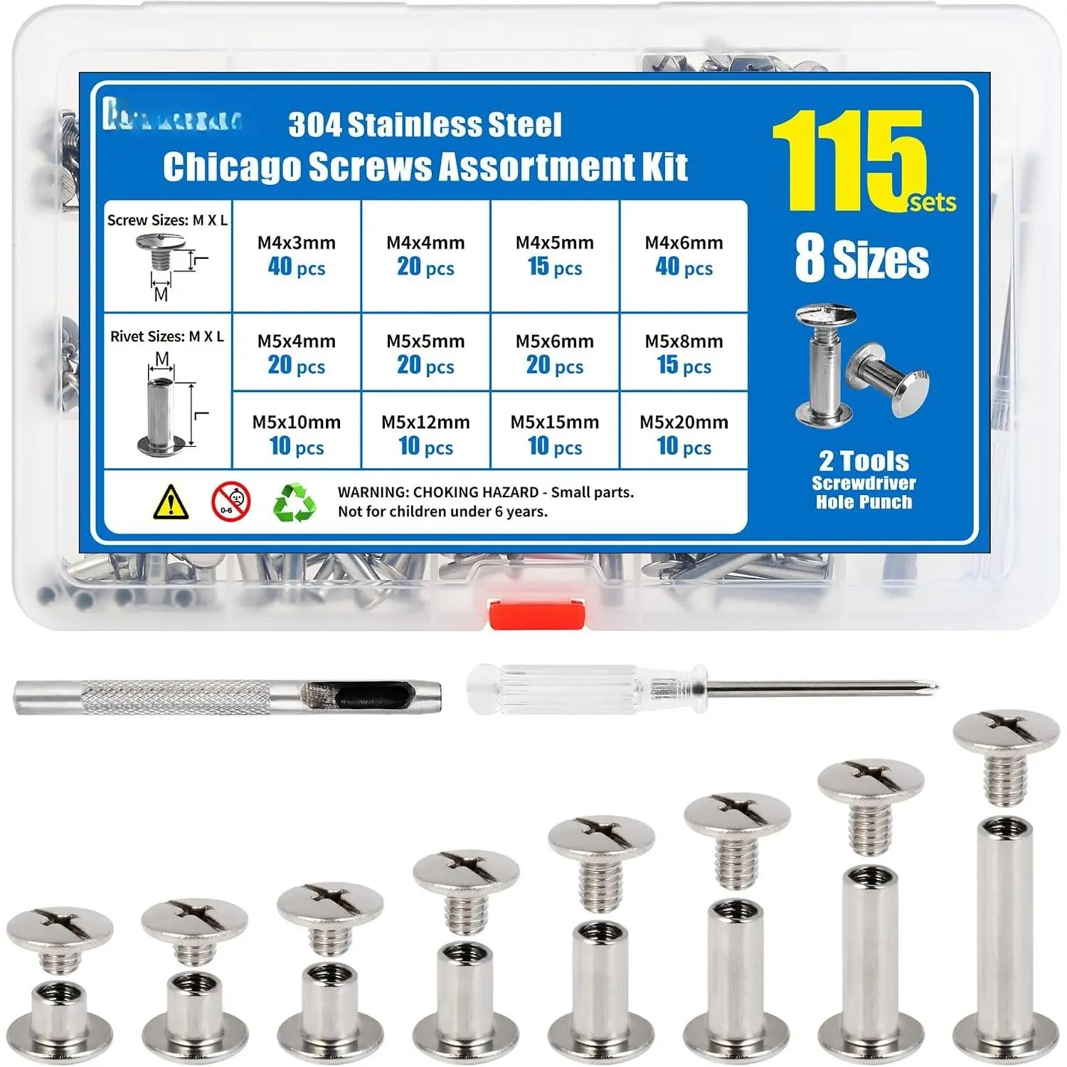 115 Sets Chicago Screws Kit for Leather Crafts, 304 Stainless Steel Binding Screws Rivet, 8 Sizes (M5x4/5/6/8/10/12/15/20mm) Binding  with Tools ()