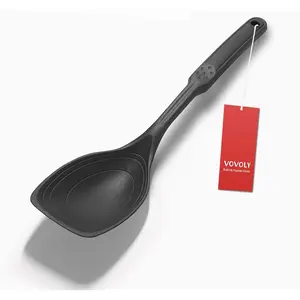 Large Silicone Cooking Spoon, Non-Stick Solid Spoon set with Deep Bolw and Measurement Mark for Mixing, Serving, Draining, Scooping, Scraping, Heat Resistant Kitchen Utensils, Black