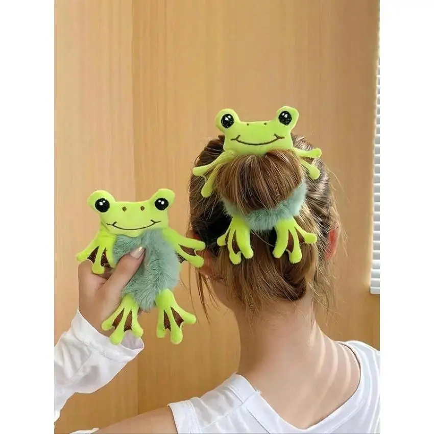 Cute Frog Plush Scrunchie Soft Stretchy Hair Tie Thick Hair Ponytail Holder Cartoon Daily Hair Accessory
