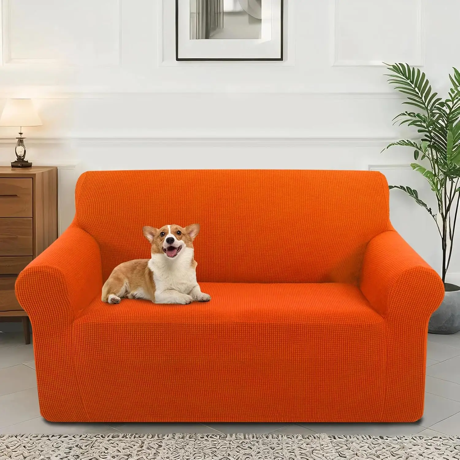 Stretch Couch Cover Washable Sofa Slipcover Furniture Protector with Non Skid Foam and Elastic Bottom for Kids, Dog(Loveseat/Orange)