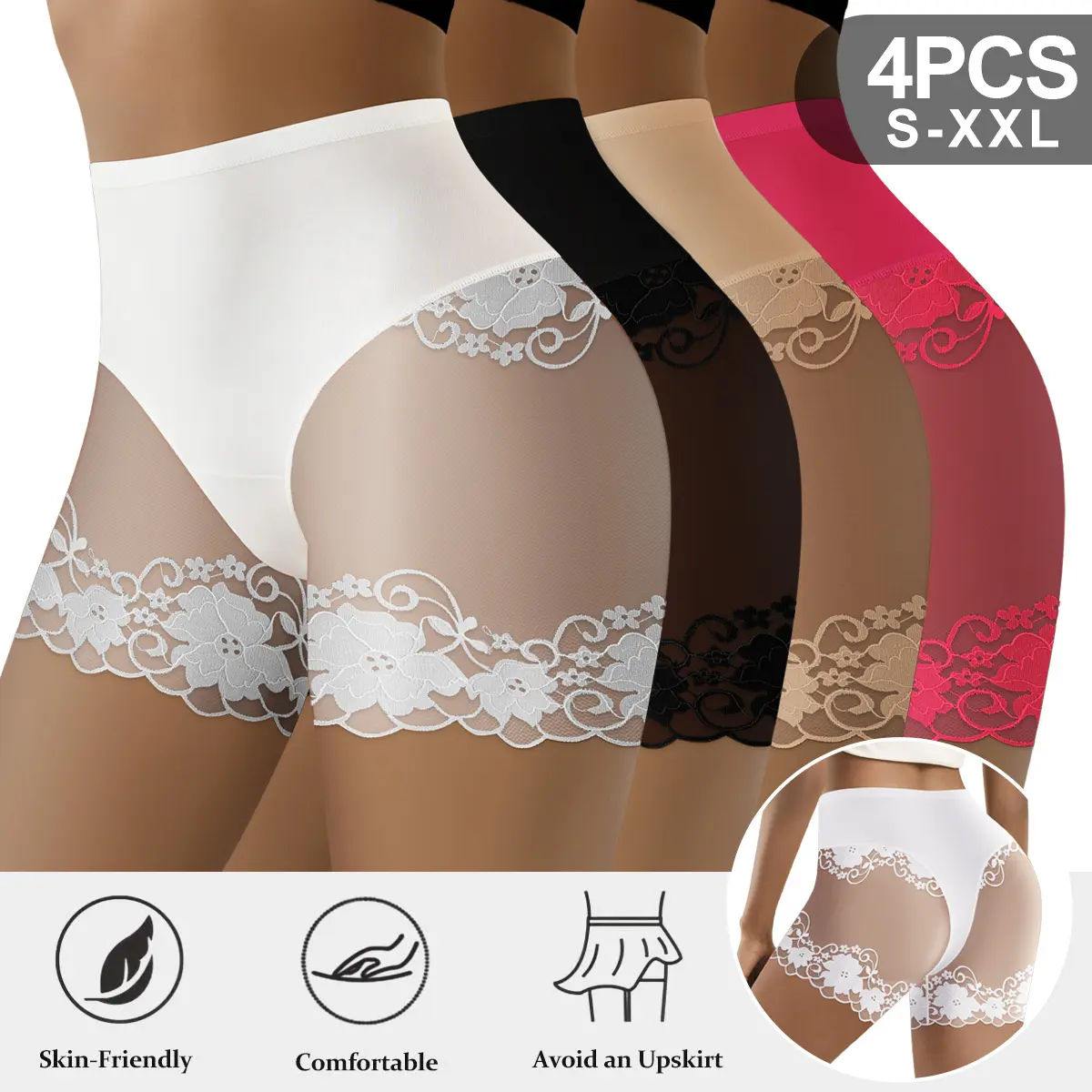 QUASTI 4PCS Women's Mesh Lace Boyshort Underwear, Full Coverage Seamless Lingerie Comfort Stretch Boxer Briefs, Soft Breathable Lightweight Skin-Friendly Dress Fit Womenswear Briefs, Daily Wear, S-4XL, Plus Size