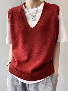 New Spring & Fall V-Neck Knit Pullover, Elegant Loose Fit Casual Outer Vest, Women's Solid Color Daily Wear Sweater