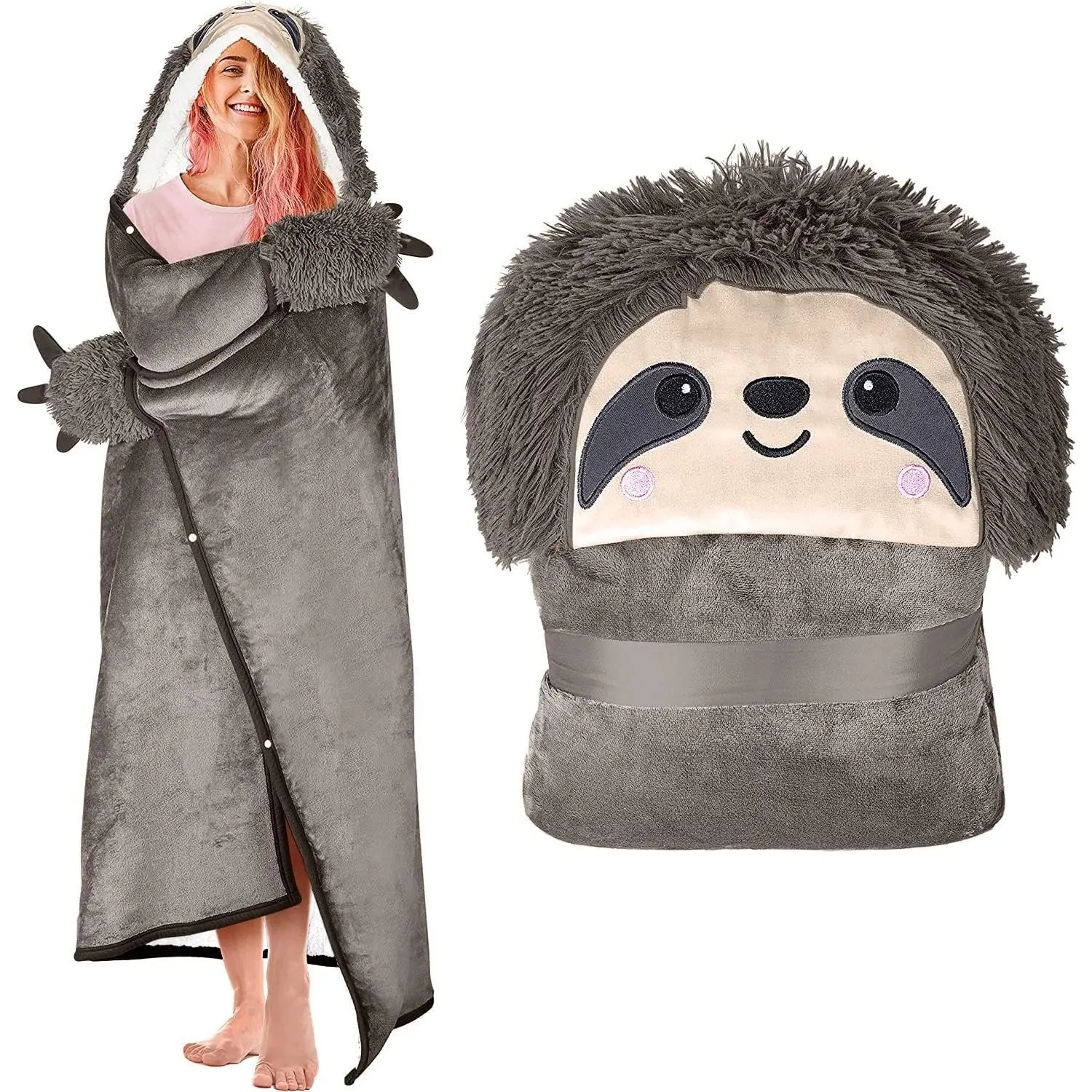 Sloth Wearable Hooded Blanket for Adults - Super Soft Warm Cozy Plush Flannel Fleece & Sherpa Hoodie Throw Cloak Wrap - Sloth Gifts for Women Adults and