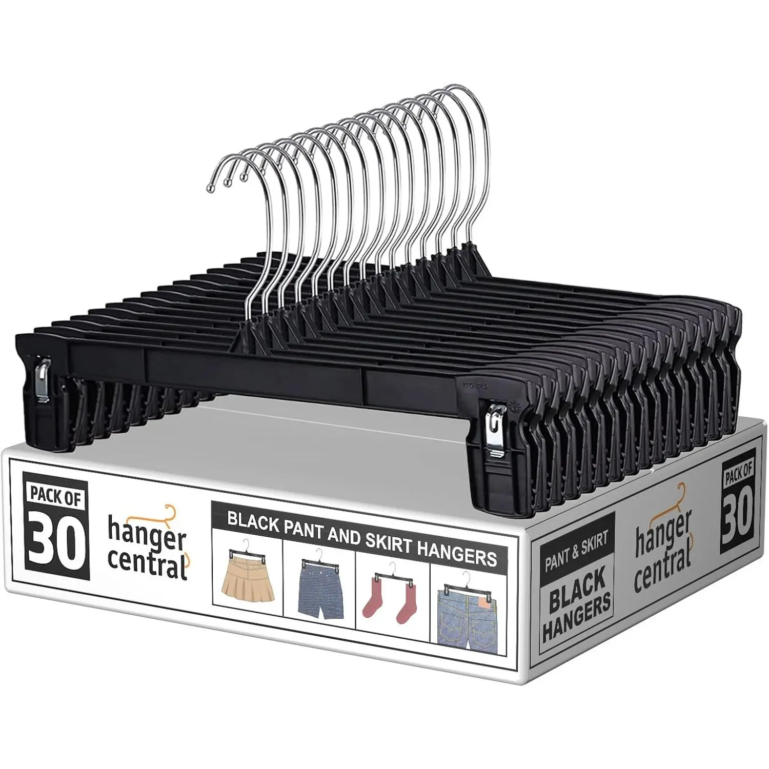 12 in Slim Wheat Plastic Triangular Shape Pants Hangers with Clips (30 Pack) - Non-Slip Grip, Space-Saving, Swivel Hook for Skirts, Shorts - Black Home Closet Organizer