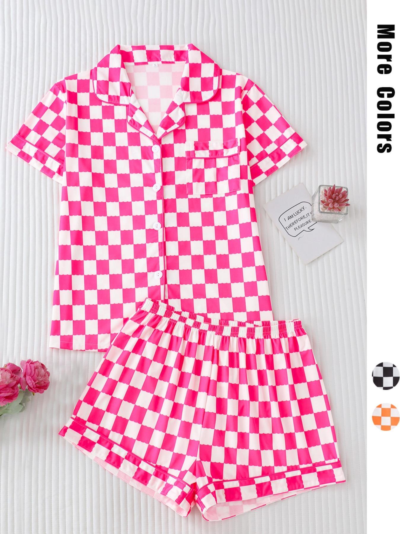 Women's Checkerboard Print Lapel Neck Pajama, Casual Comfy Short Sleeve Button Front Chest Pocket Design Top & Elastic Waist Shorts PJ Set, Ladies Summer Sleepwear Loungewear