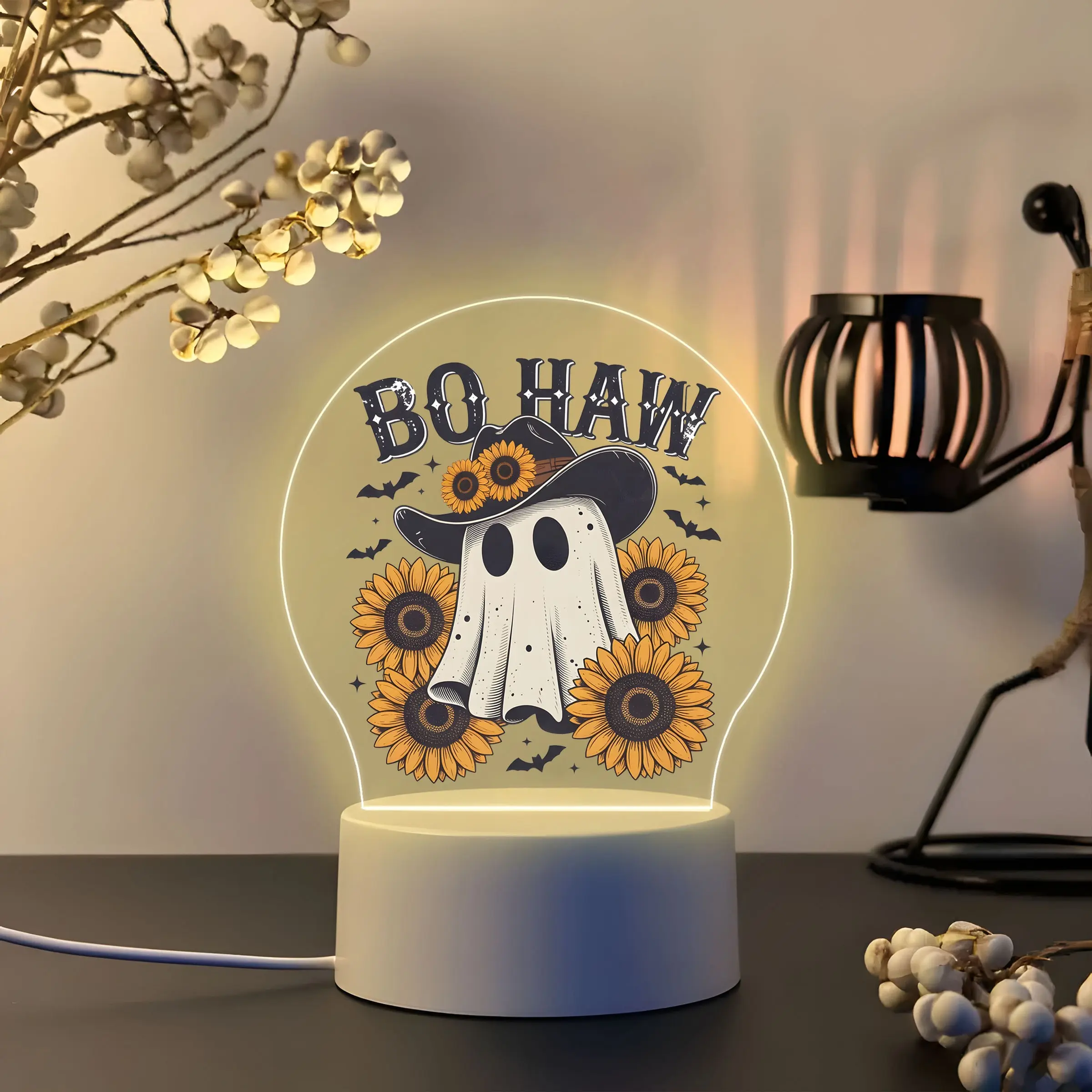 Bo Haw Cowboy Ghost Acrylic Night Light, Western Sunflower Halloween LED Desk Lamp, Fall Country Halloween Bedroom Decor Gift