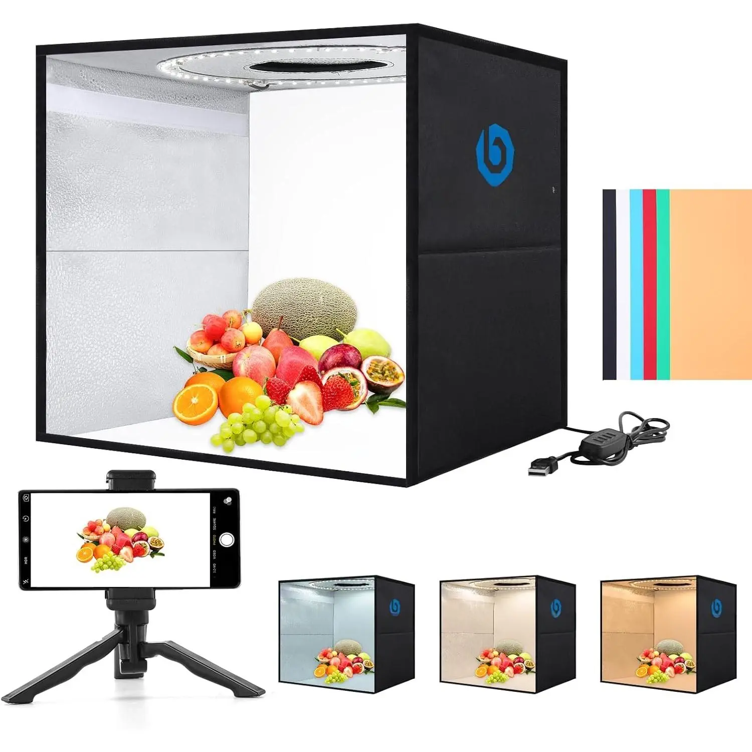12"x12"x12" Photo Studio Light Box Photography with Desktop Tripod & 120 LEDs (CRI>95), 6 Backdrops - Portable/Dimmable Folding  Tents for Toys//Watches/