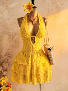 Women's Summer Textured Double-Layer Ruffle Mini Halter Dress, Tropical Beach Vacation Outfit, Open Back Hollow Out Design, Vintage Resort Style Womenwear