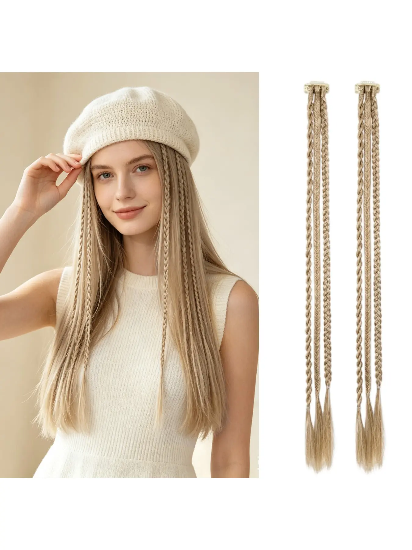 2PC clip-in hair extensions, each clip has three braids, designed for easy use and restyling, 22 inches long, made of soft synthetic hair, suitable for women and girls for daily wear, holidays, and performances