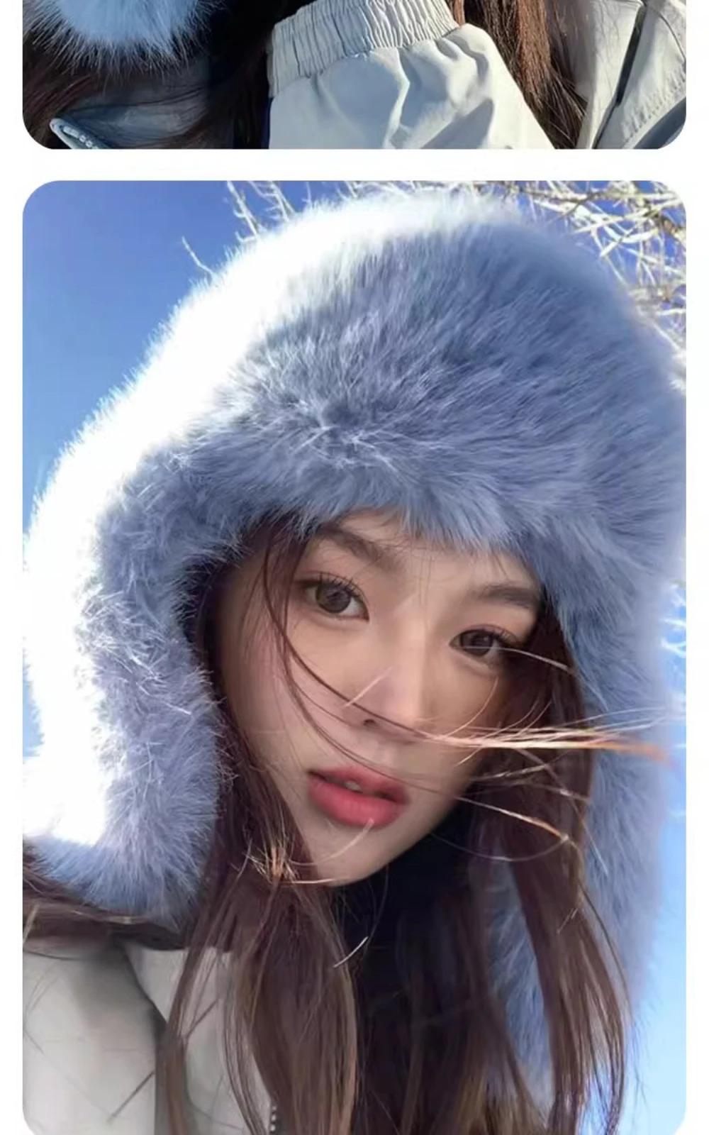 HT4567 Fluffy Fur Hat Women White Black Blue Russian Hat Thick Warm Ski Earflap Cap Female Ushanka Winter Hat Ladies Russian Cap