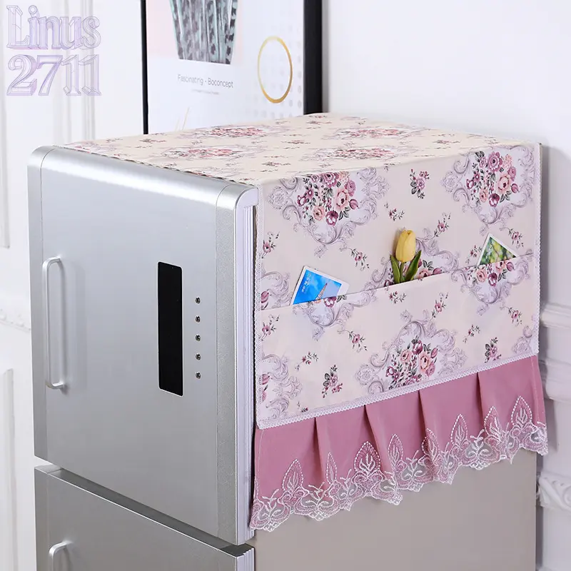 Vintage Floral Refrigerator Dust Cover Lace Ruffle Fridge Top Cover with Storage Pockets Multipurpose Dustproof Cloth for Single Door Fridge Oven Washing Machine Rectangular Household Decorative Protector Home Kitchen Organizer Accessory