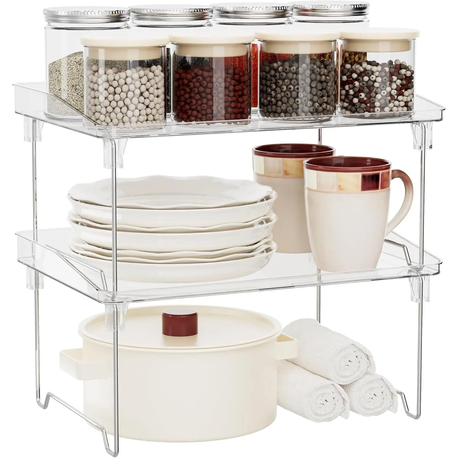 2 Pcs Cabinet Organizer Shelf, Stackable Kitchen Counter Shelves, Spice Rack,Countertop Organizers, Clear Plastic Storage Shelves Rack for Makeup,Bathroom,Cupboard,Desk,Pantry Organization