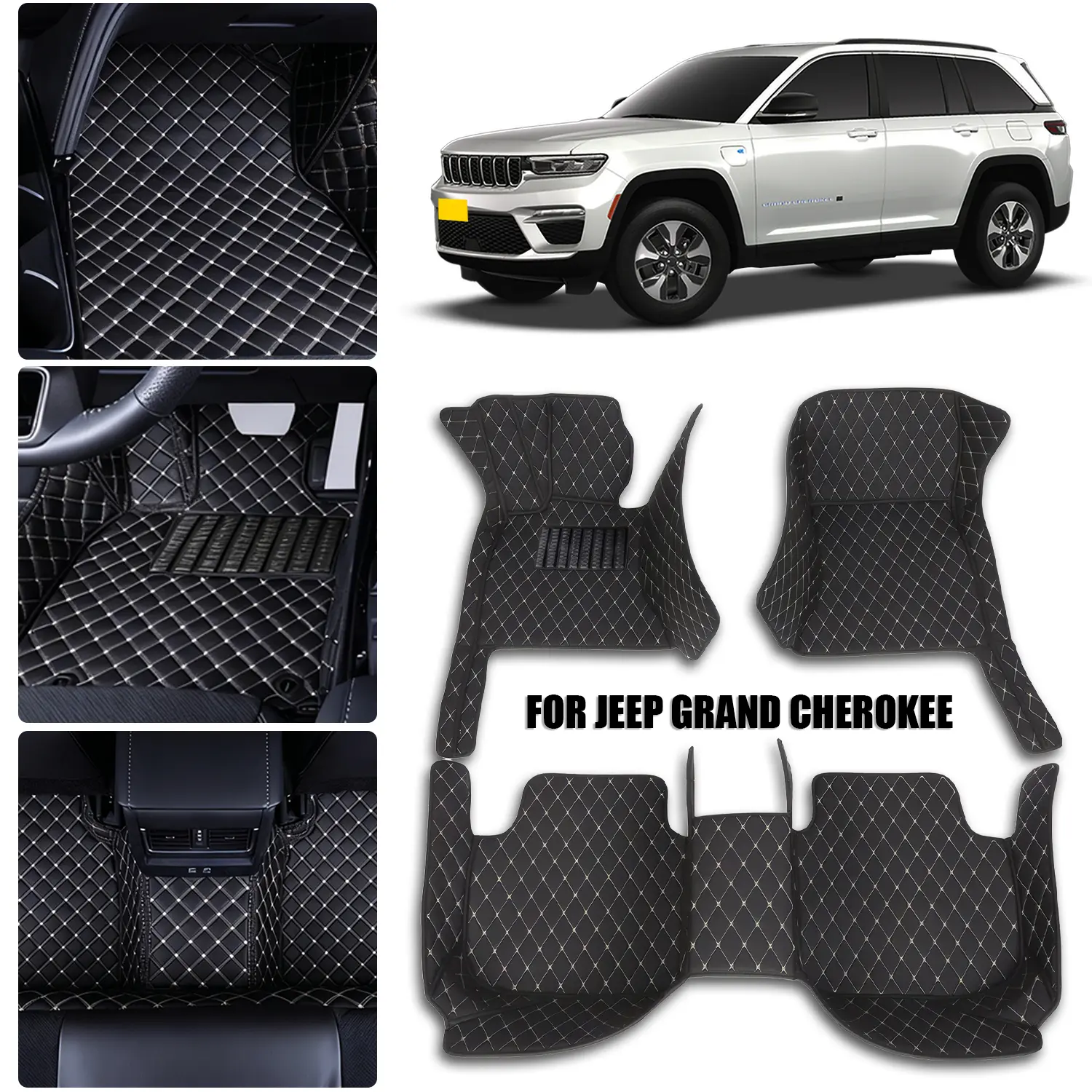For Jeep Grand Cherokee-2011-2018 Left wheel drive automotive floor mats, made of PU leather material and equipped with 360 degree high edge protection, with a non jamming throttle design, suitable for heavy weather, detachable and easy to clean
