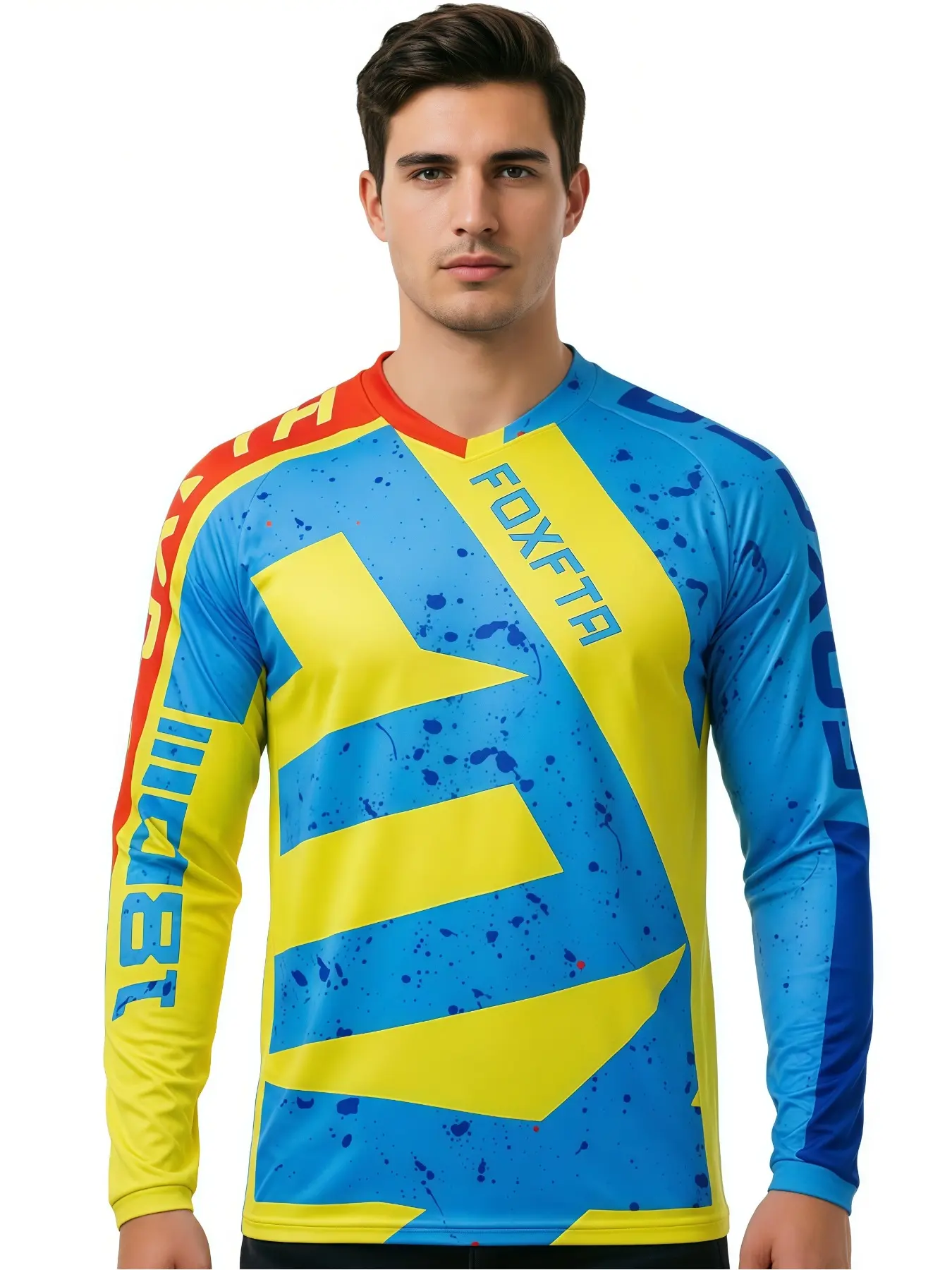 Men's Long Sleeve Motocross Jersey, Motorcycle Jersey, Bold Colorblock Geometric Print, Splatter Pattern and 3D Letter Graphics, Breathable Stretch Sports Shirt for MTB, DH Downhill, BMX, ATV and Trail Riding