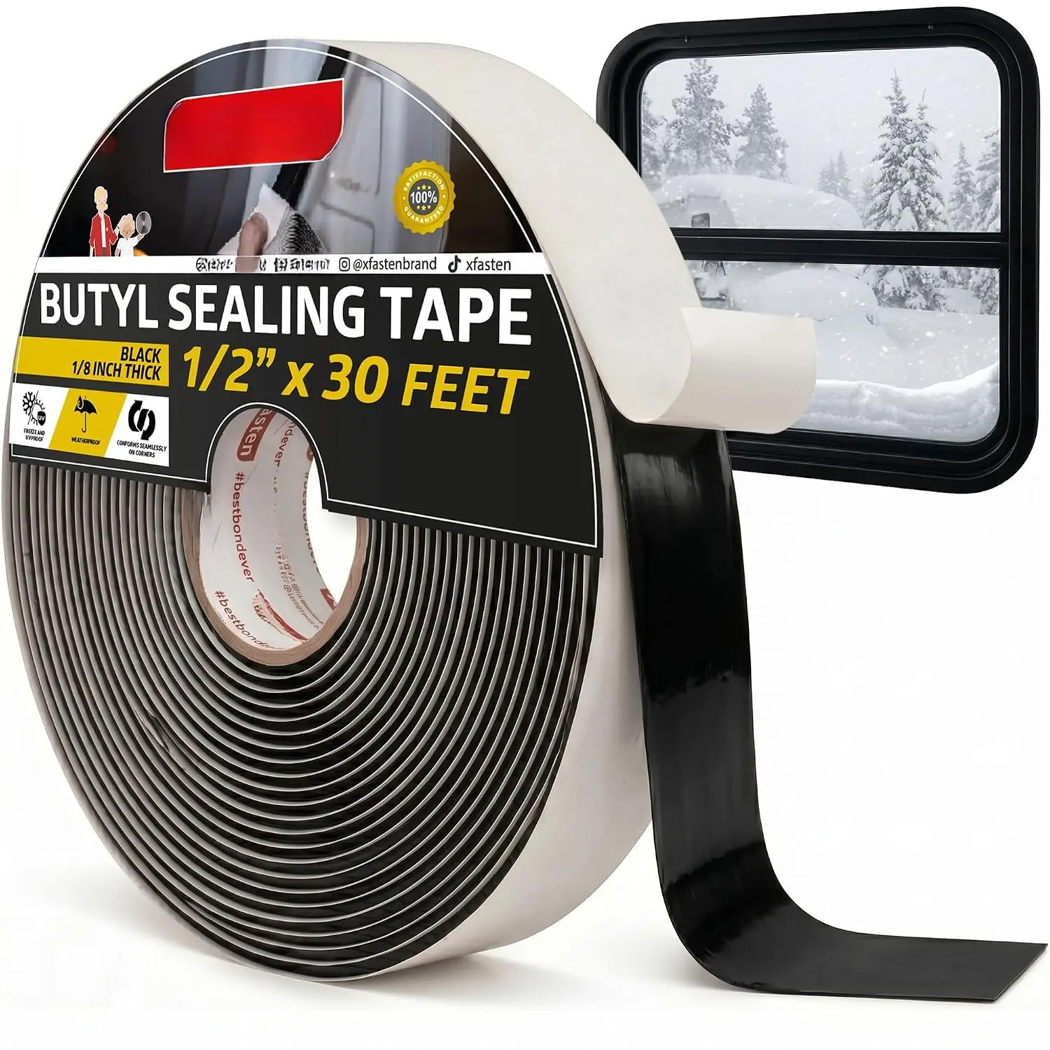 Butyl Tape Black, 1/2 in x 30 ft x 1/8 in – Easy-to-Work-with Automotive Butyl Sealant Tape, Mess-Free Rubber Caulk for RV, EPDM Putty for Window, Headlight, Roof, Windshield, and  Doors