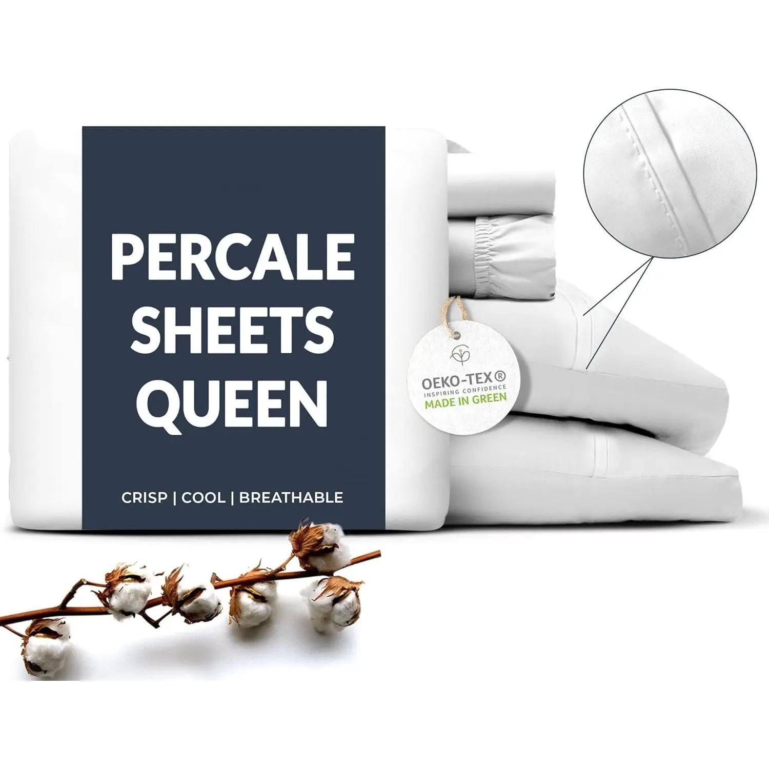 Percale Sheets  Size - Cool & Crisp Hotel Feeling, Breathable, Softer After Each Wash, Fitted Sheets with Deep Pockets, Double-Elastic & Corner Straps, Z-Hem Luxury Stitching