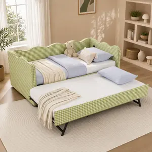 Twin Size Gingham Check Linen Fabric Daybed with Trundle, USB Charging, Wave-Shape Design, No Box Spring Needed, Green