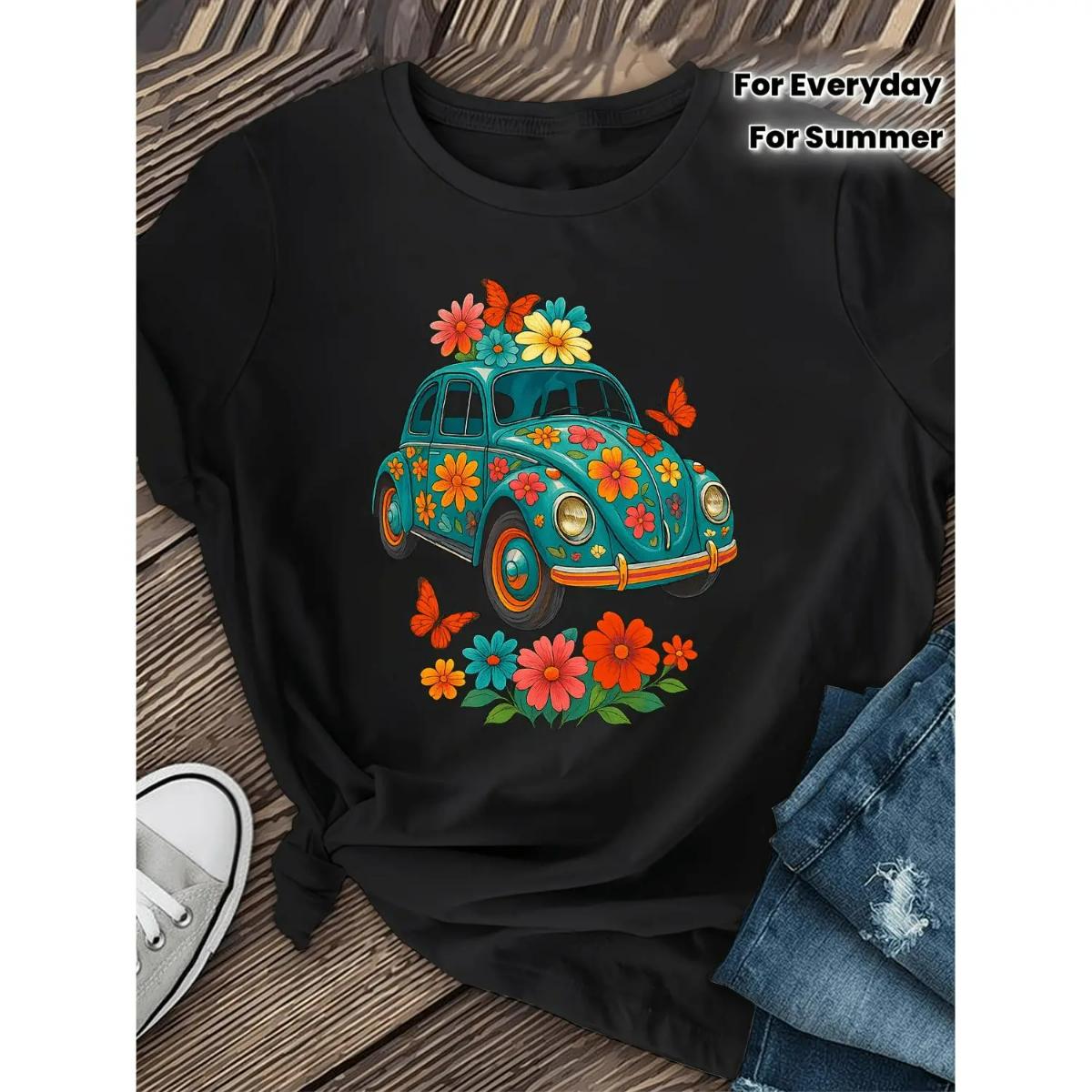 Crew Neck Cotton Polyester Vintage turquoise floral Car Graphic T-Shirt, y2k Fashion Casual Streetwear Humor Shirt for Men Women, Comfortable & Breathable Material, Everyday Outfit, Trendy Aesthetic Outfit 2026, Gifts, SuperYi