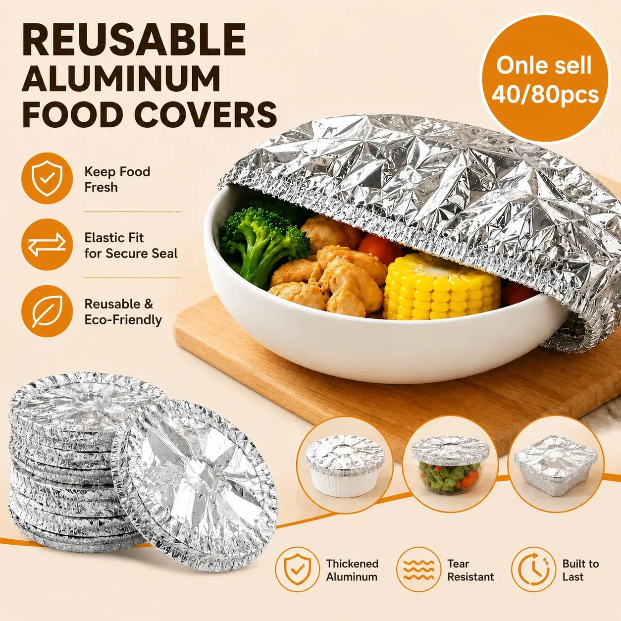 40/80PCS Reusable Aluminum Foil Food Covers, Elastic Stretch Bowl Covers, Thickened Food Storage Covers, Fit Bowls, Plates and Containers for Meal Prep, Leftovers, Fruits, Vegetables, Refrigerator Storage and Picnic