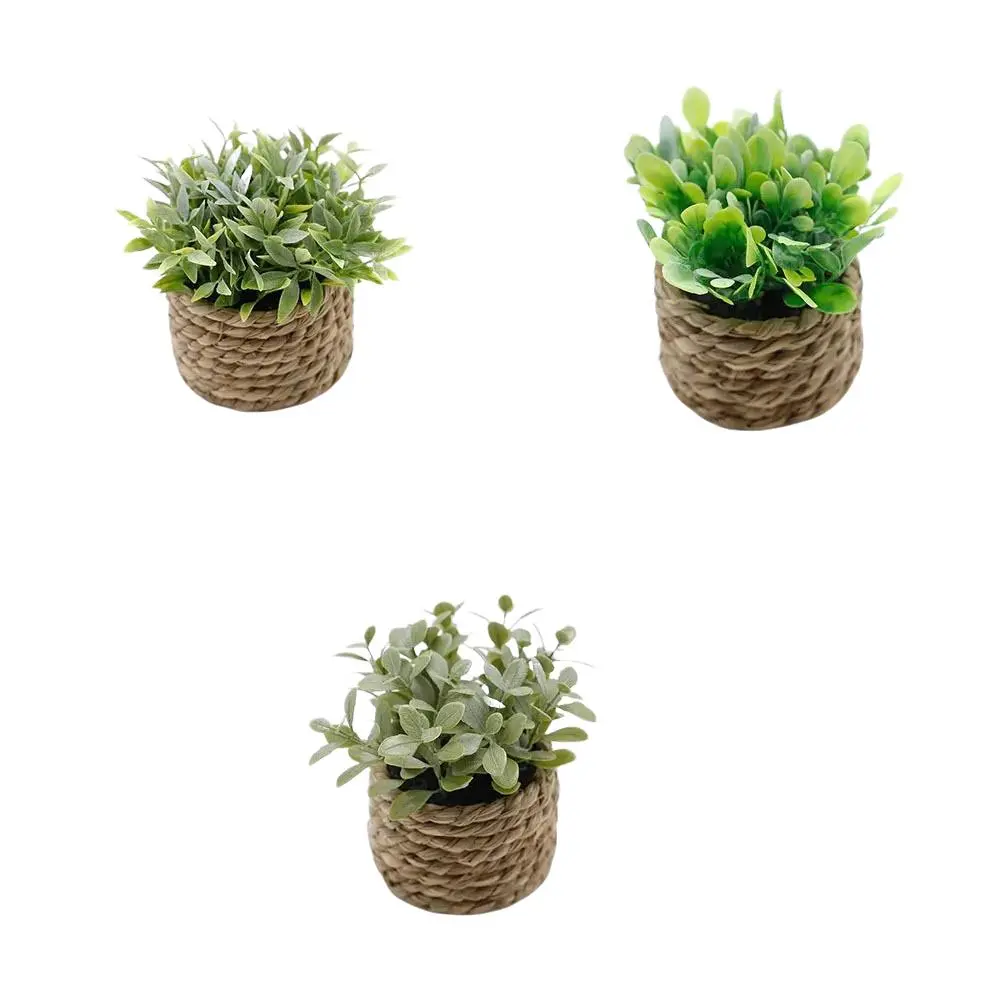 3-Piece Mini Artificial Potted Plants, Woven Seaweed Pot Realistic Greenery, Home Shelf Decor, Bathroom Ornament, Indoor Plant Accessories
