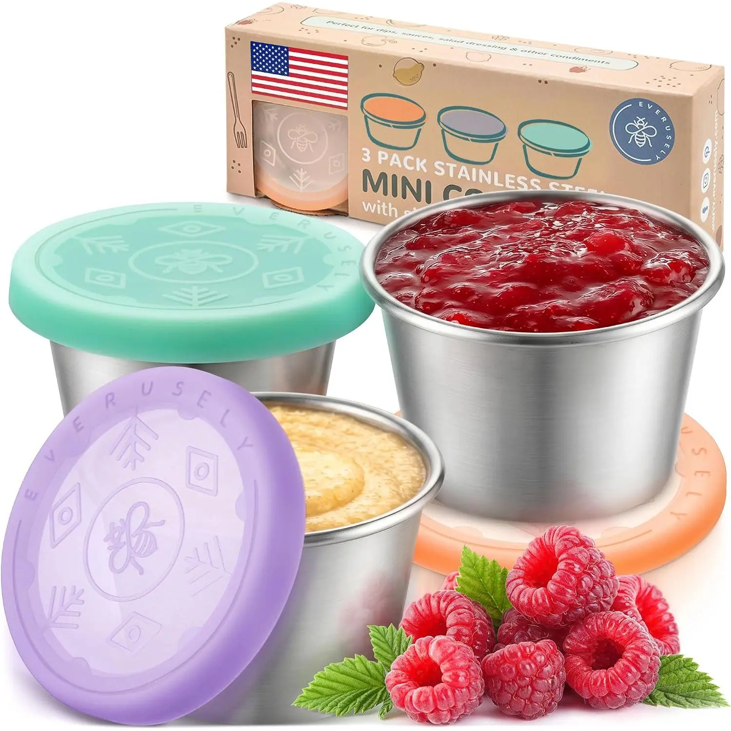 Salad Dressing Container - 3 Pack, 1.7 oz, Sorbet - Stainless Steel Cups |  leakproof small condiment cups to go,  grade and dishwasher safe sauce & dip containers with
