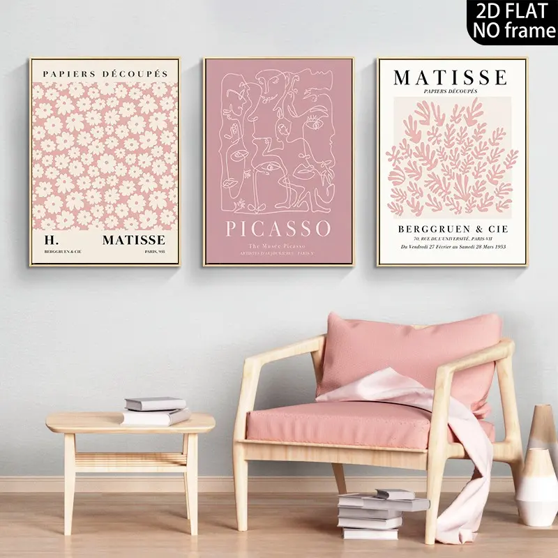 3-piece frameless abstract canvas decorative painting - modern extremely simple pink Matisse Paper Cuttings and Picasso line wallpaper printing, applicable to abstract flower market frameless posters in bedroom, living room and dining room