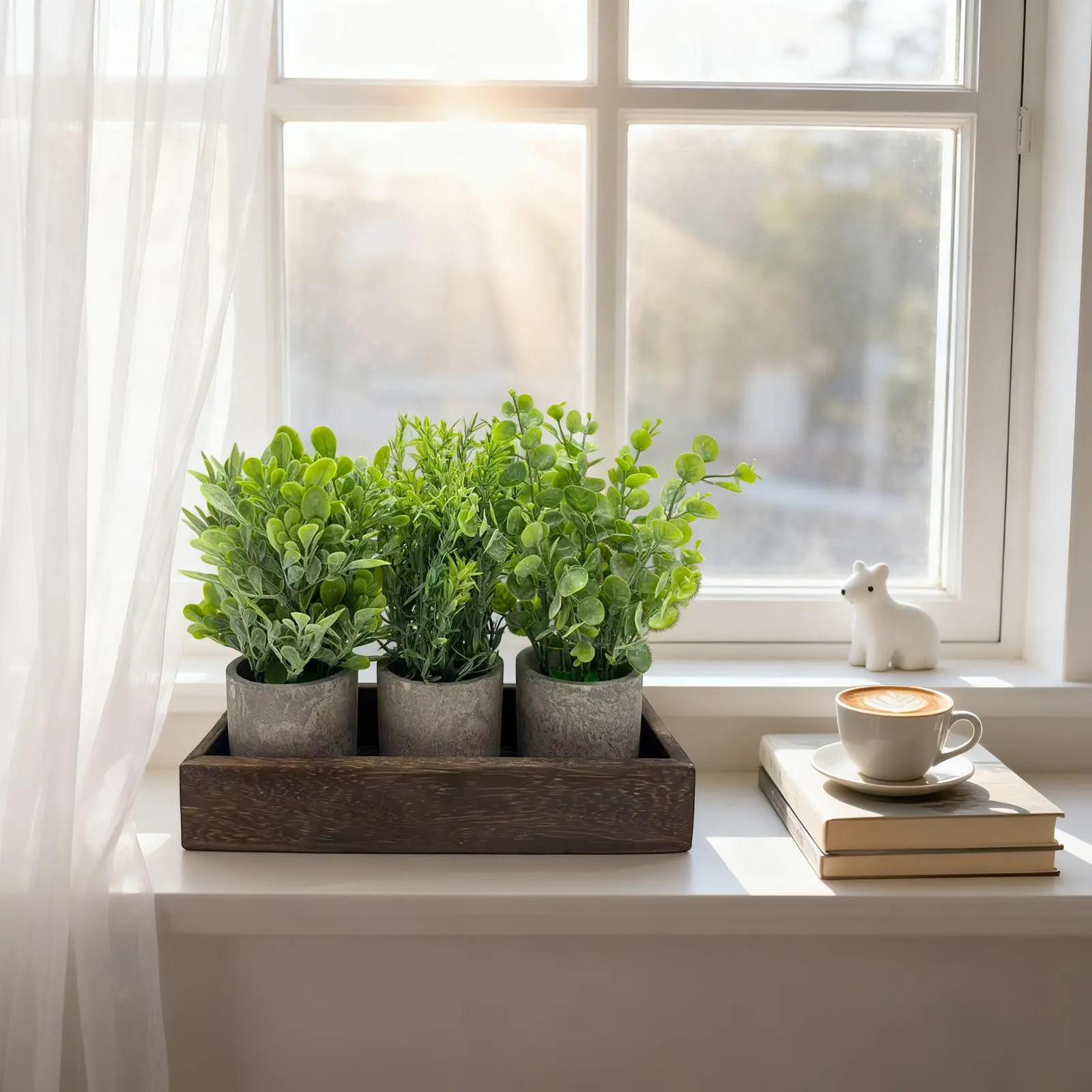 Set of 3 Faux Eucalyptus in Pots, Complete with Rustic Wooden Tray – Versatile Small Centerpiece for Home Office, Coffee Table, or Shelves