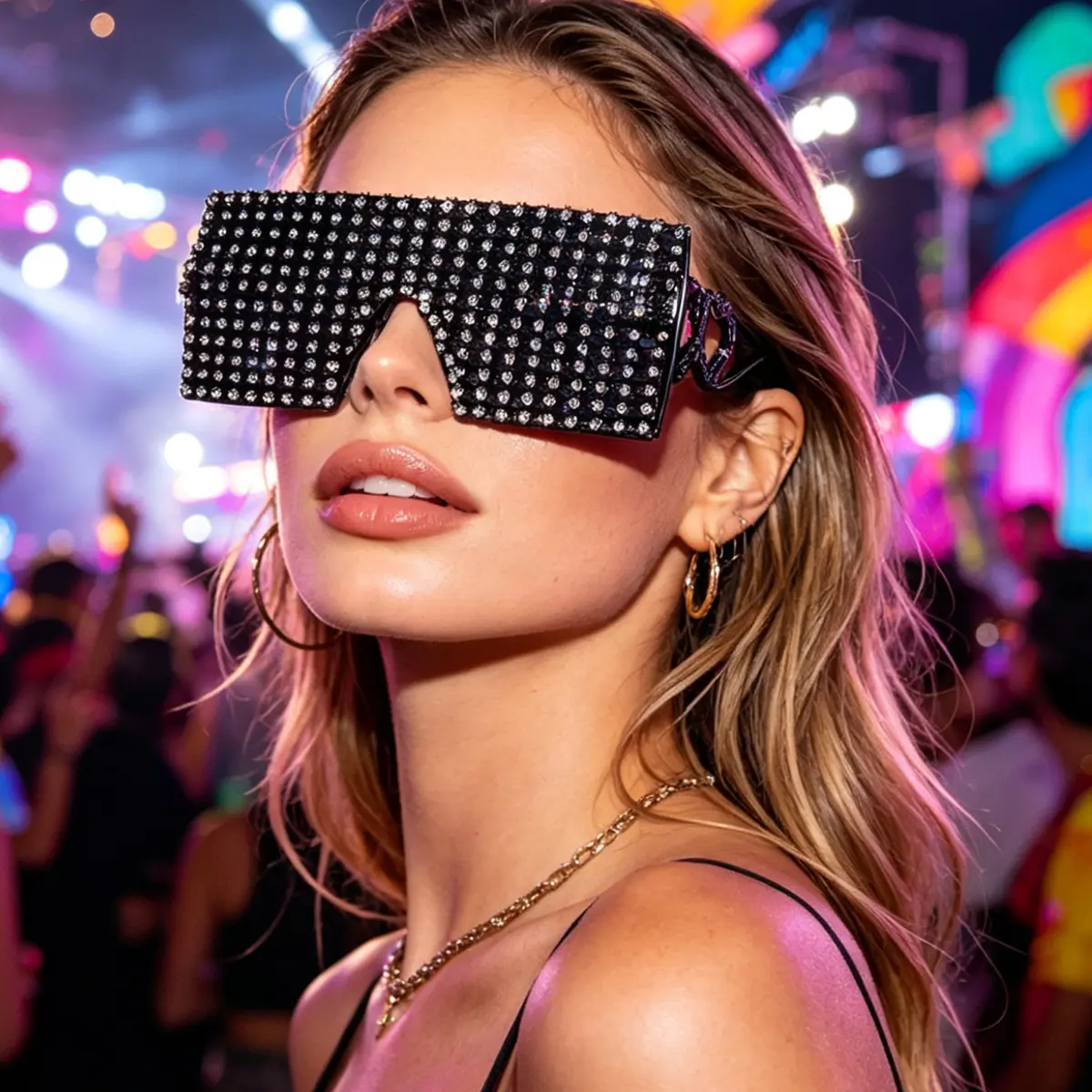 Y2K Bling Sparkly Rhinestone Square Sunglasses for Women | Rimless Metal Frame UV Protection for Festivals Raves Concerts Bachelorette Parties