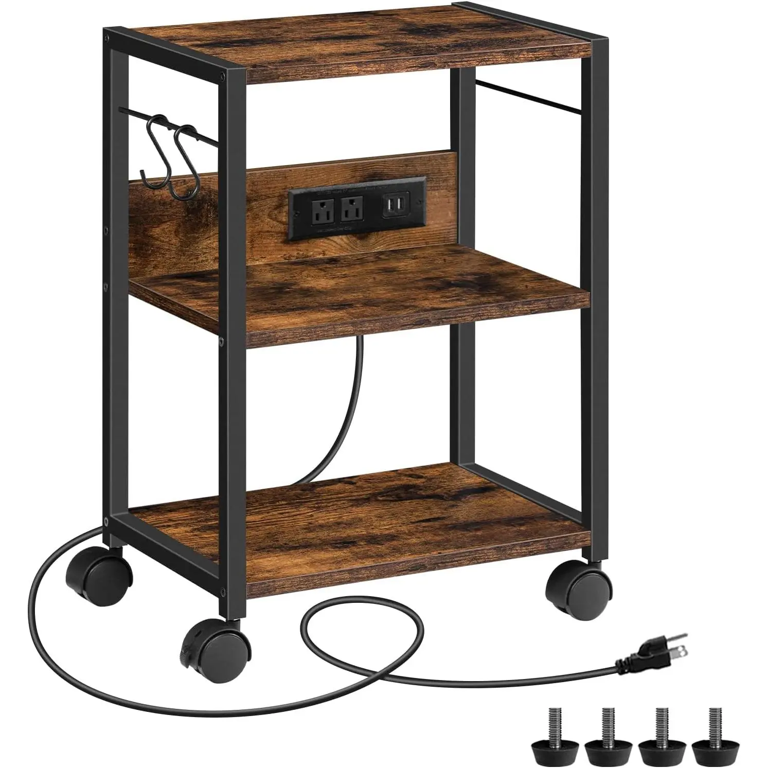 3-Tier Mobile Industrial Printer Cart, Rolling Printer Stand with Power Outlets, USB Ports & 2 Hooks, Rustic Brown, for Home Office & Living Room