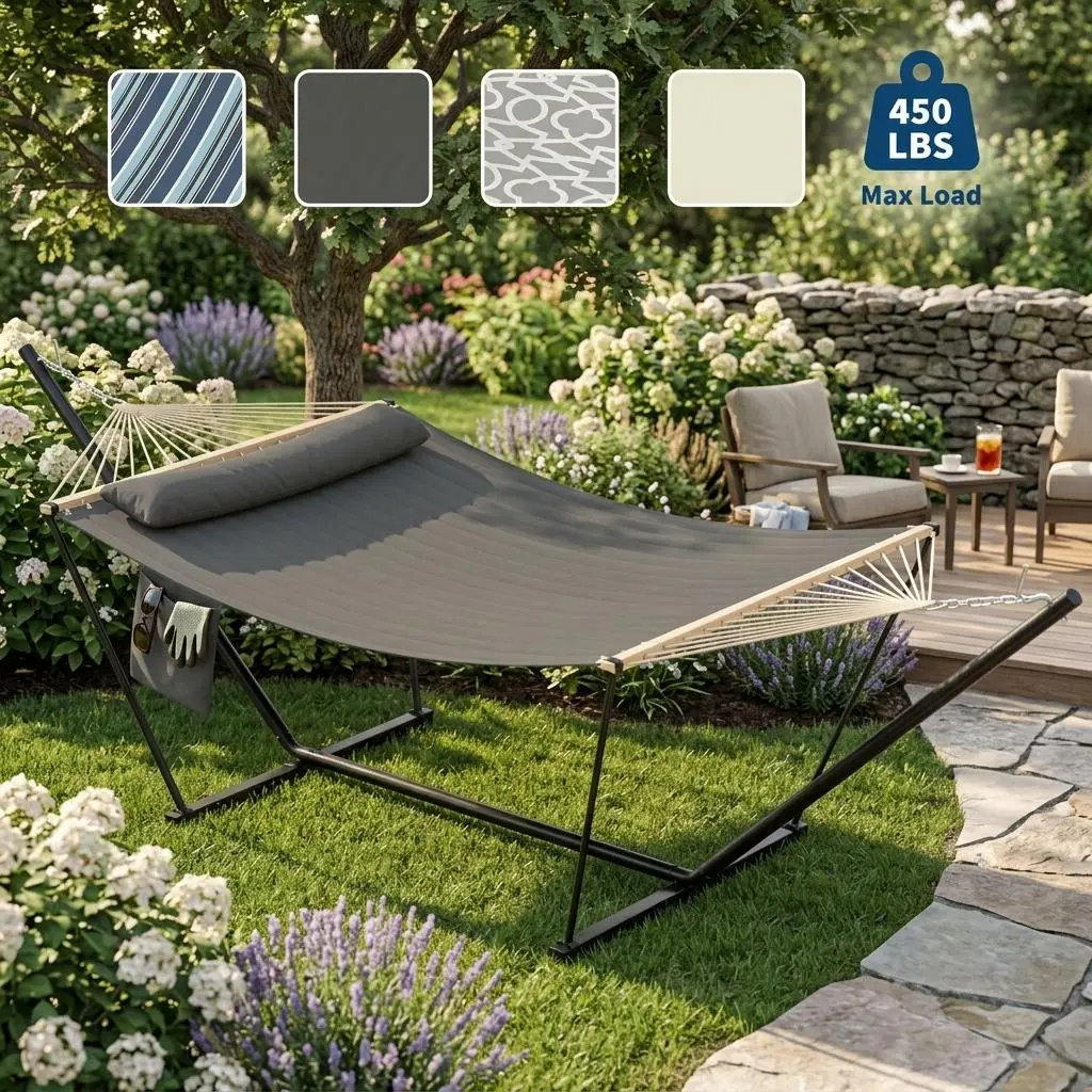 Two Person Outdoor Hammock Combo, Double Hammock Equipped with Heavy Duty Adjustable Steel Stand, Portable for Patio Garden Beach Backyard