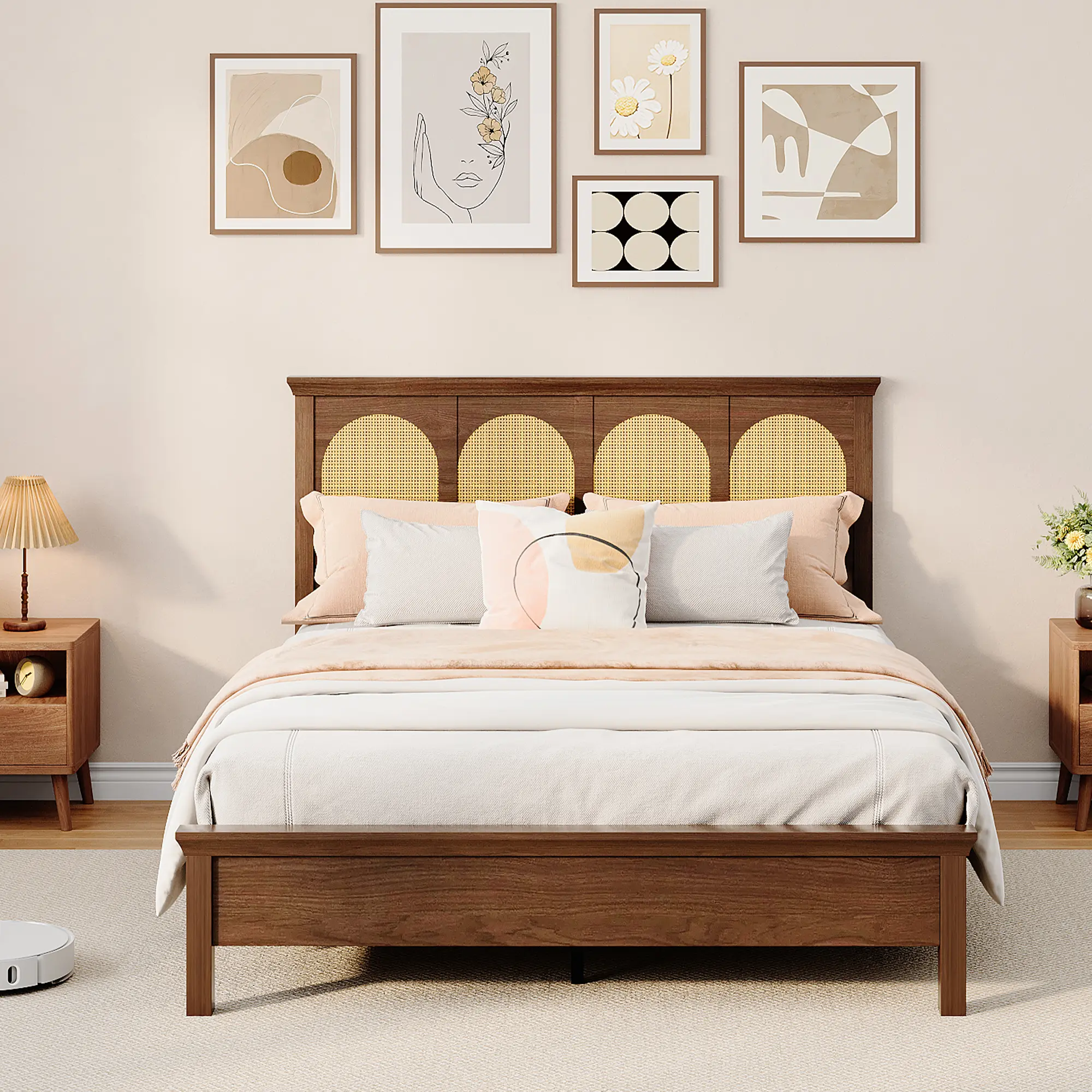 Boho Rattan Full/Queen Bed Frame with Woven Wicker Headboard – Rustic Acacia Wood Platform, Vintage Design, Sturdy Slats – Walnut