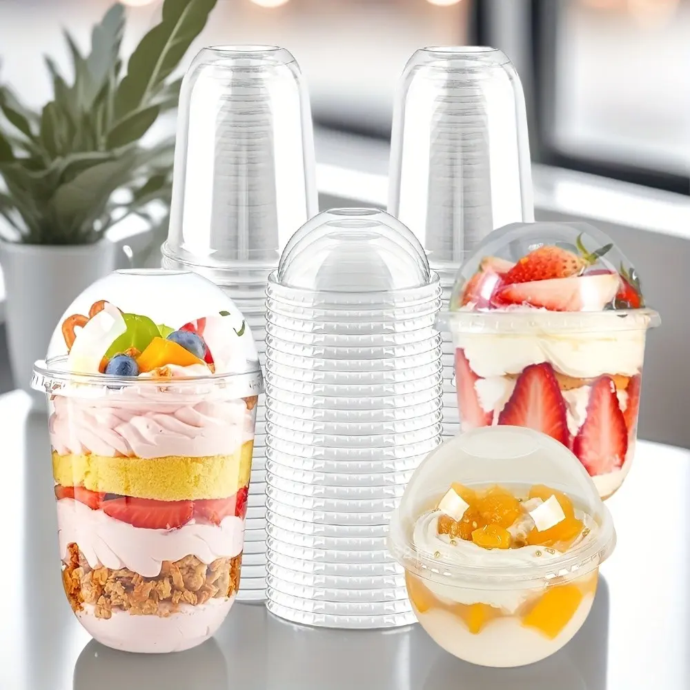 100pcs (50 Cups And 50 Lids) 9/12/16Oz Medium Transparent Multi Functional Plastic Cup - Dessert Cup, Suitable for Storing Tiramisu, Pudding, Yogurt, Fruits, And Beverages, Perfect for Wedding Dessert Tables, Birthday Parties, Plastic Cups With Lids