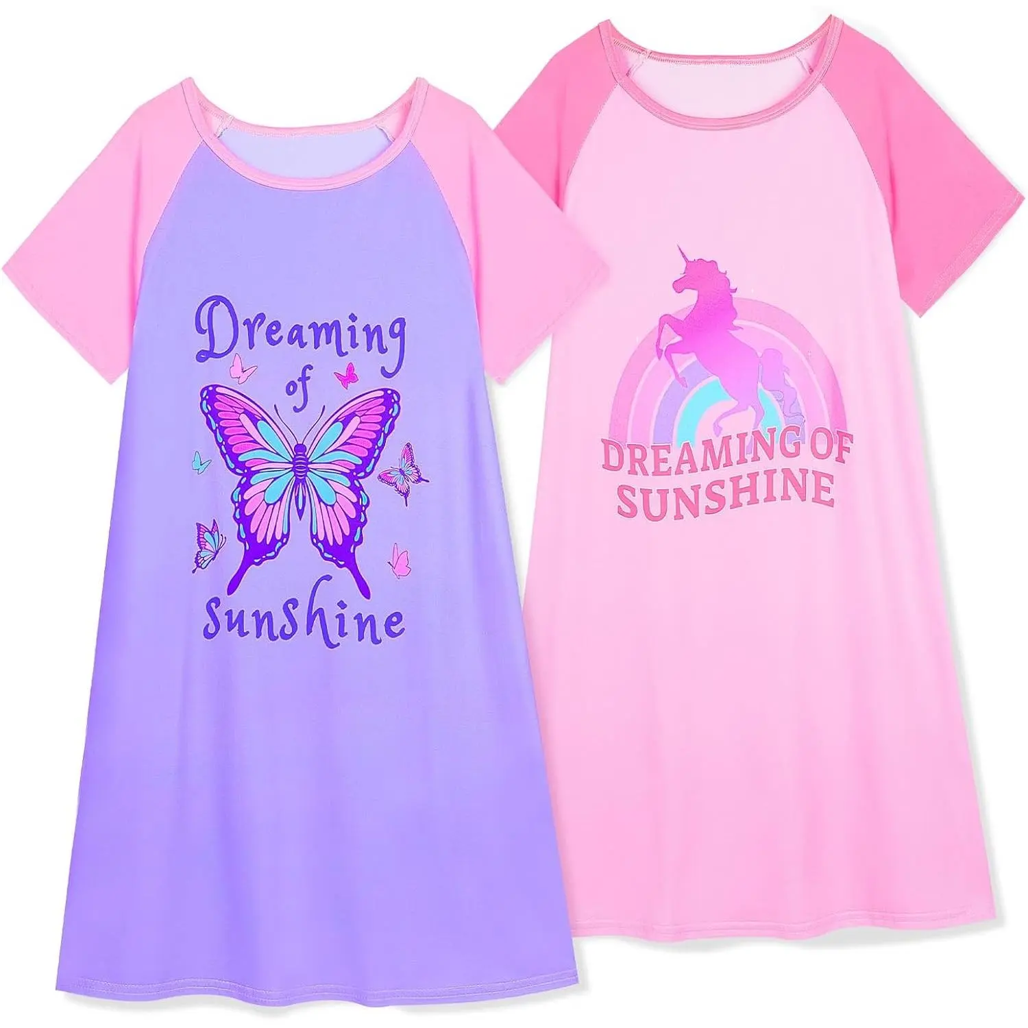 2-Pack Girls' Princess Nightgowns Sleep Dress Pajamas for Teens 6-14Y, Soft Breathable Stretchy Fabric, Knee Length, Easy Wash, Lounge PartyGift